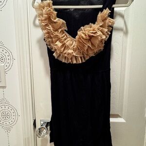 NaNa Navy Cotton Dress with Tan accent Ruffle